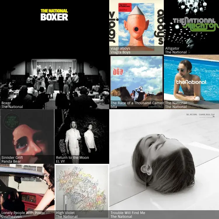 A collage showing my top 10 most listened to albums of the past week, generated by ListenBrainz.